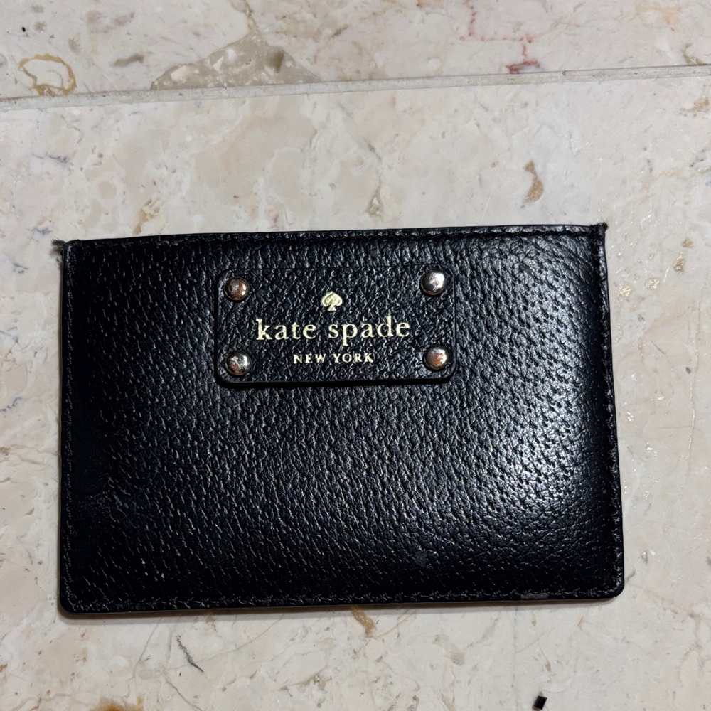 kate spade black leather slim card case with gold logo